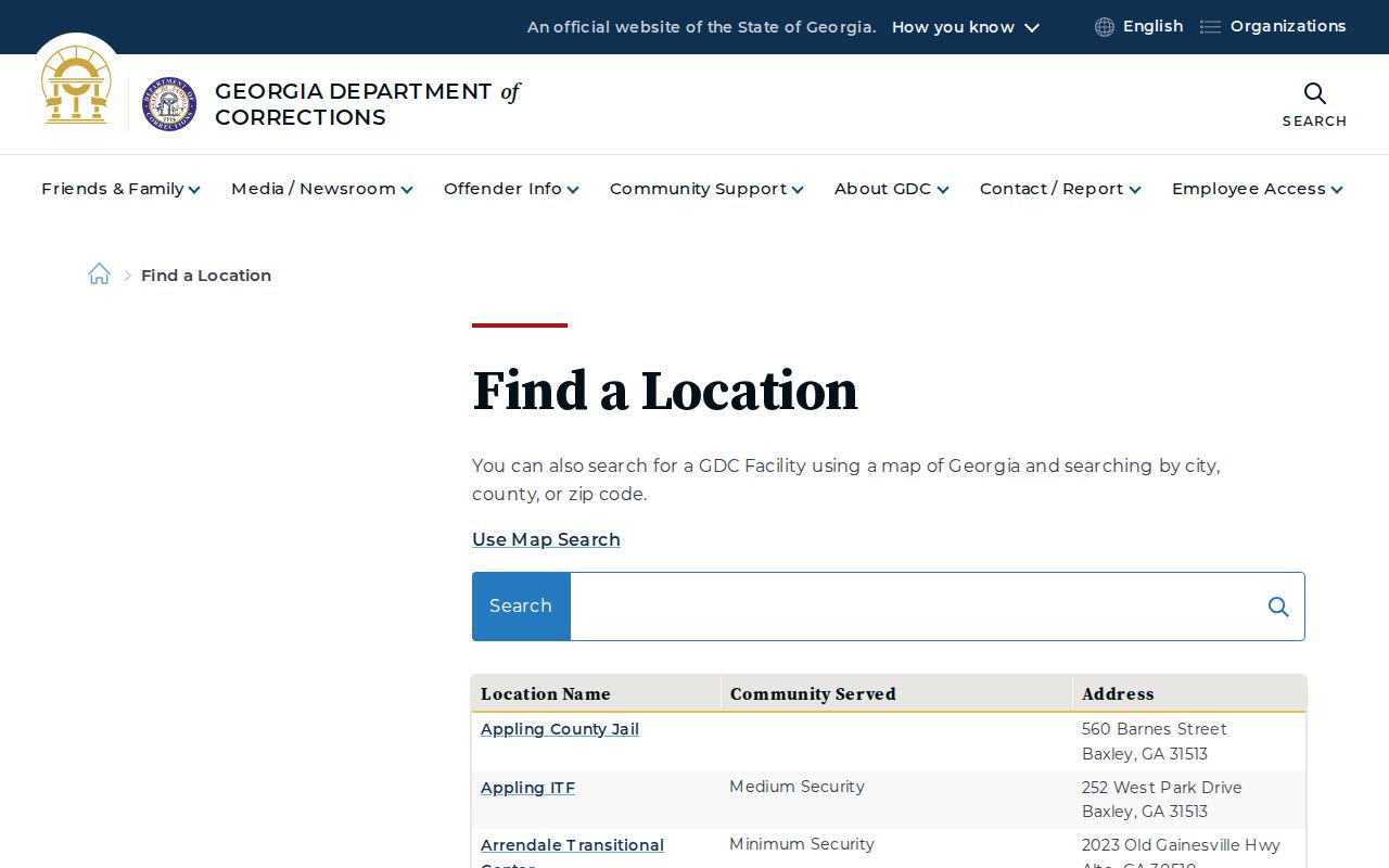 Georgia Department of Corrections statewide release facility directory